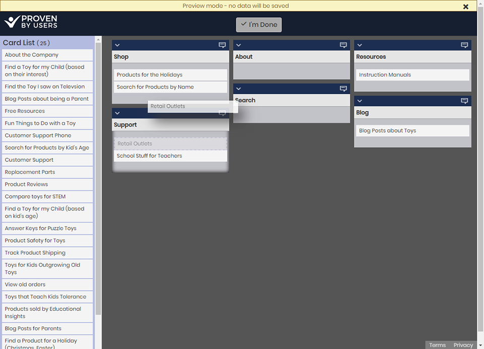 interface of provenbyusers card sort