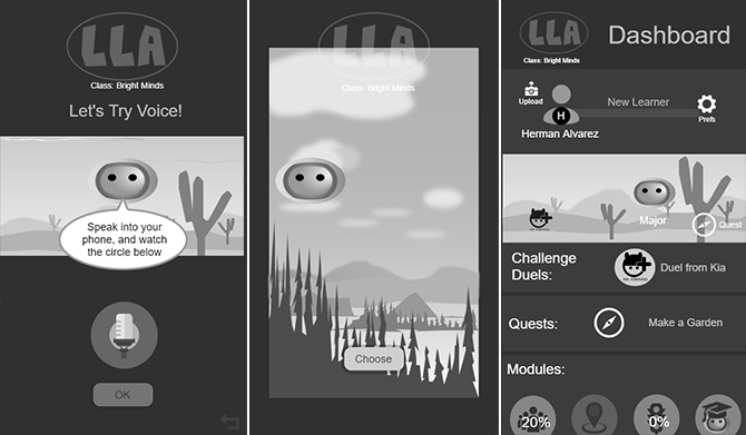 prototype screens showing aspects of the virtual world simulation, viewable in 3d via 'magic window' movement of the users's smartphone. Left: check voice commands in vitual world, Center: Choose a virtual world, Right: see other students and challenges in the virtual world